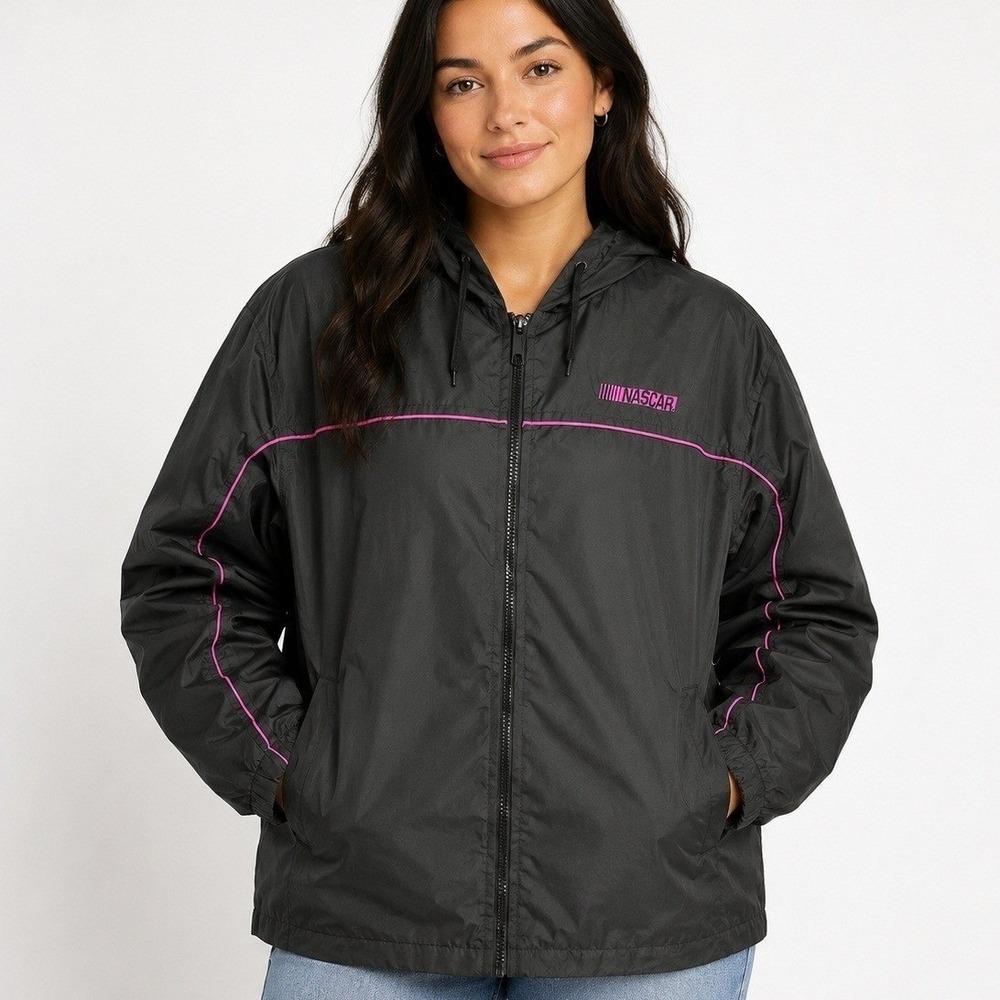 Prairie Mountain Hooded FullZip Jacket with Pink Piping and Nascar Logo Sz Large